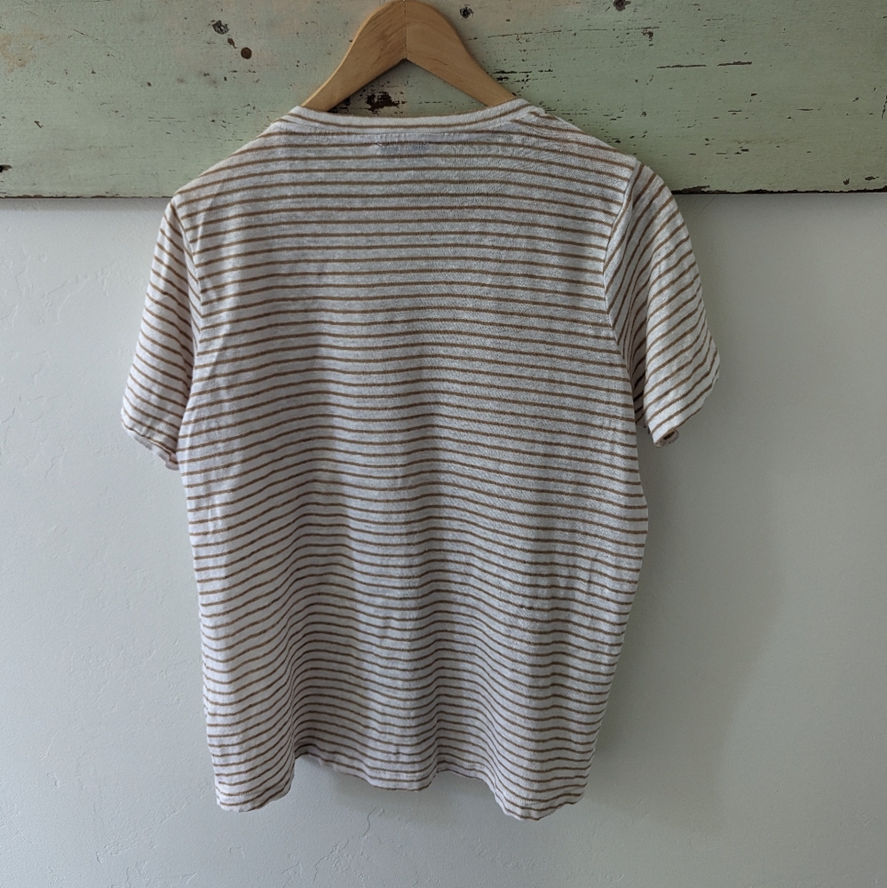 VINEYARD VINES I Tan & Creamy White Striped Linen V-Neck Short Sleeve Top, M - Picture 5 of 10